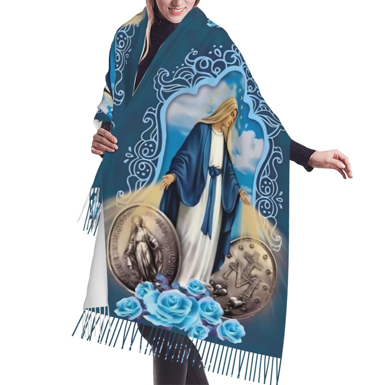 QINWEIDJUE Virgin Mary Prayer Shawl Scarf, Catholic Religious Wrap for Women, Soft Pashmina Shawl, Christian Faith Gift for Mom, Traditional Mexican