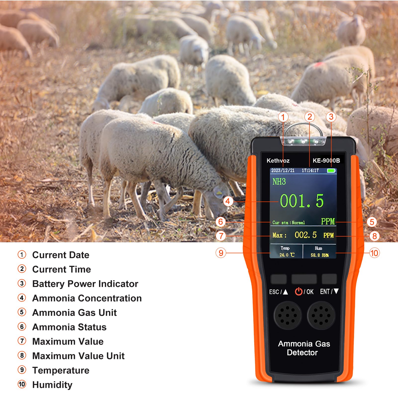 Detector de amoníaco 9000B - Monitor NH3 de alta precisión con sensor electroquímico, rango de 0-100PPM, función de alarma, portátil y compacto para agricultura industrial, seguridad ambiental