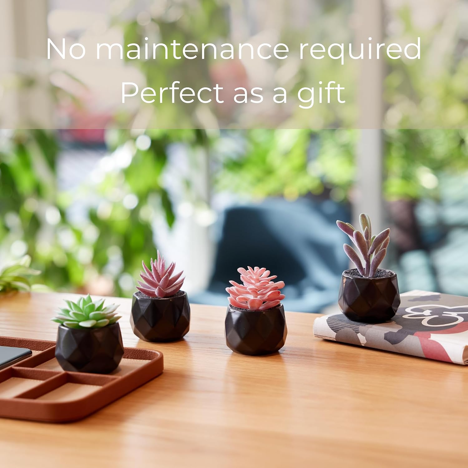 Nordik Set of 4 Desk Plants - Geometric Round Black Pots - Perfect for Bathroom, Bedroom Decor Aesthetic - Ceramic Fake Plant for Office or Living Room Decor - Ideal for Women