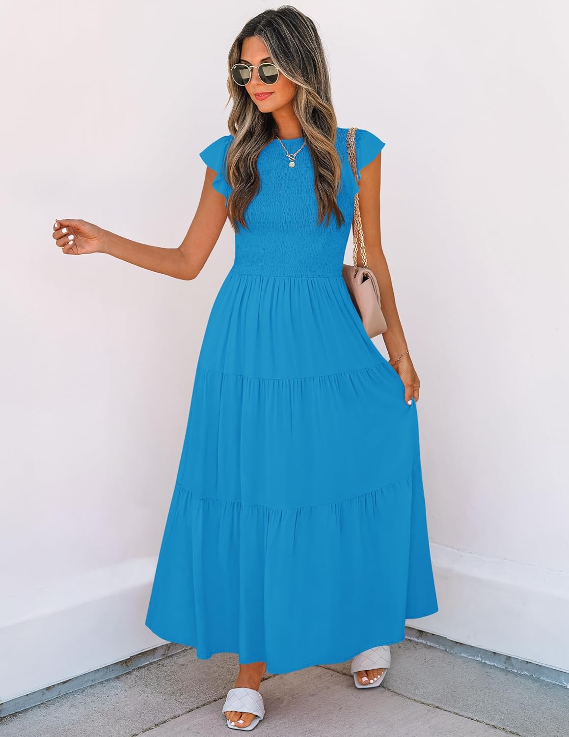 ZESICA Women's 2026 Summer Casual Flutter Short Sleeve Crew Neck Smocked Elastic Waist Tiered Midi Dress - Image 6