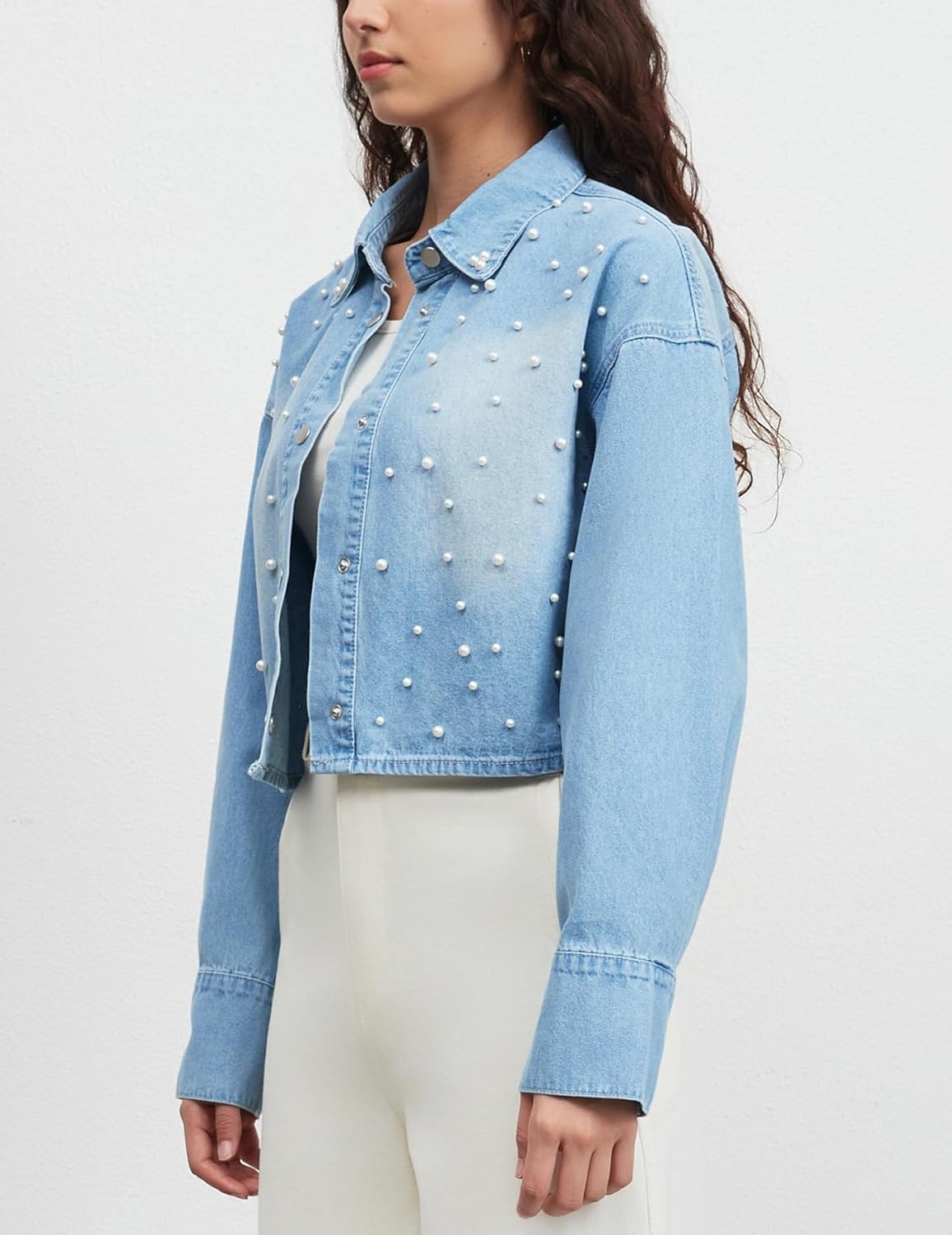 Ladyful Oversized Jean Jacket for Women Pearl Cropped Lightweight Button Down Long Sleeve Denim Jacket Coat - Image 5
