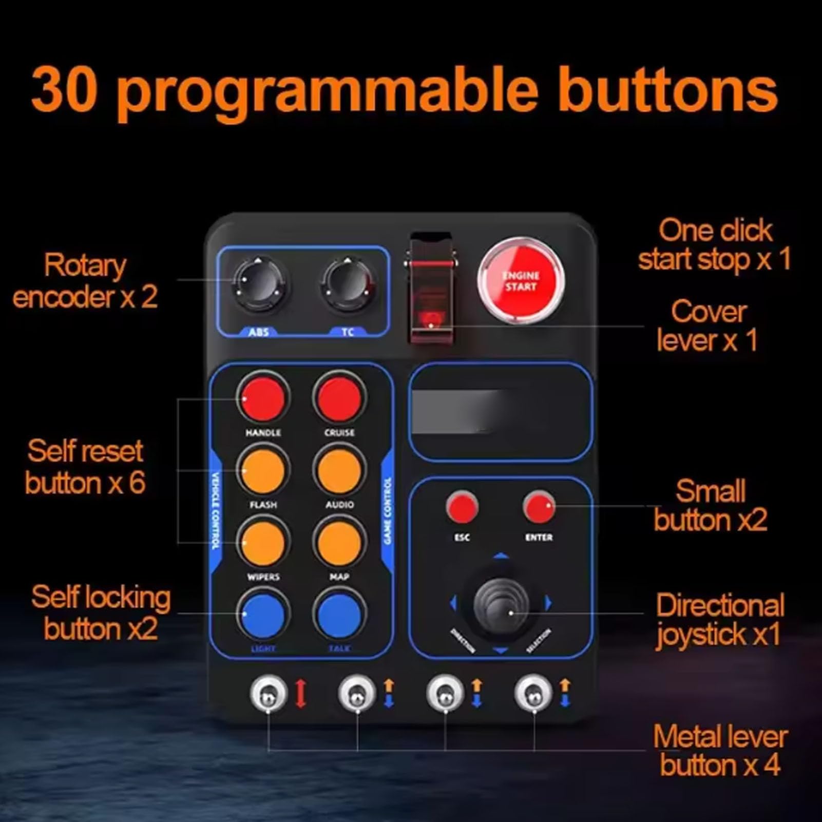 Cryfokt Sim Racing Box, 30 Programowalnych Opcji PC Gaming Box, ATs z 19 Przyciskami Podświetlenie RGB Port USB dla PC Kompatybilny z Euro Truck Simulator 2 Assetto Corsa IRacing