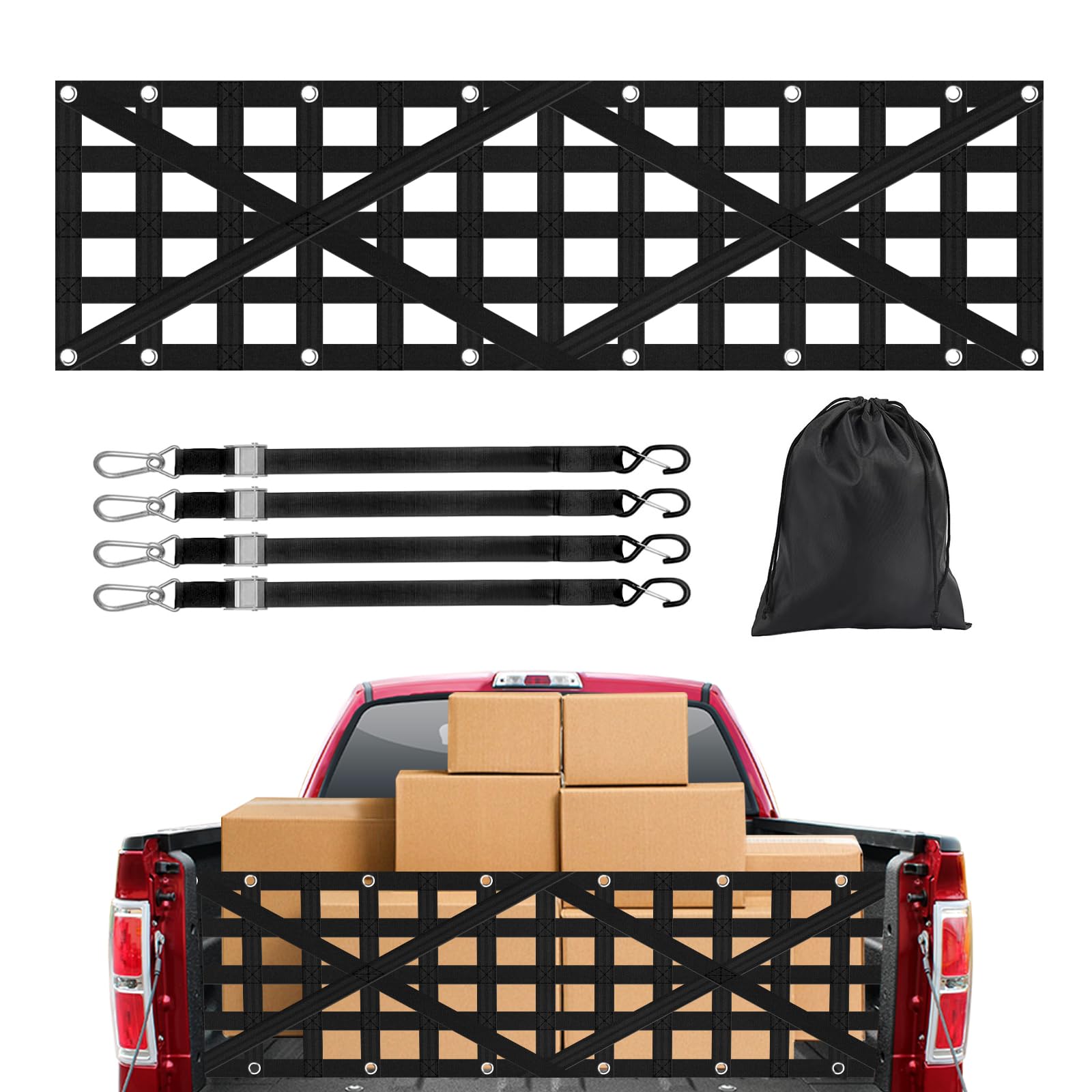 Heavy Duty Tailgate Net for Truck Bed, Cargo Net with 4 Adjustable Buckle Straps, Durable Nylon Tailgate net Compatible with Jeep, Pickup, Truck, Boat, SUV, 59" x 18"