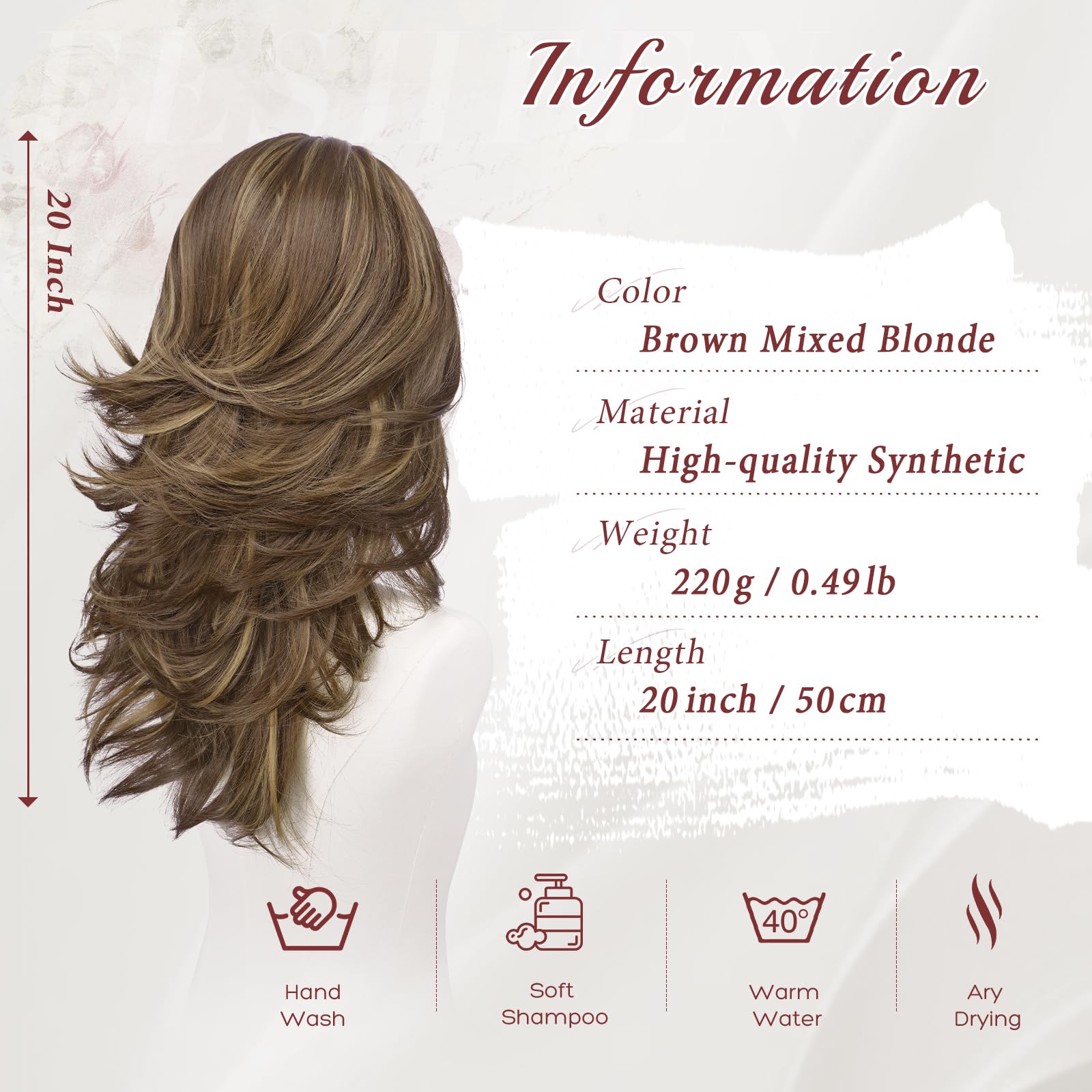 FESHFEN Parrucca Lunghe Ondulate con Frangia per Donne, 50 cm Castano Biondo Misto Parrucche Naturale Stratificato Sintetici Resistente Wig per Use Quotidiano le Feste e il Cosplay