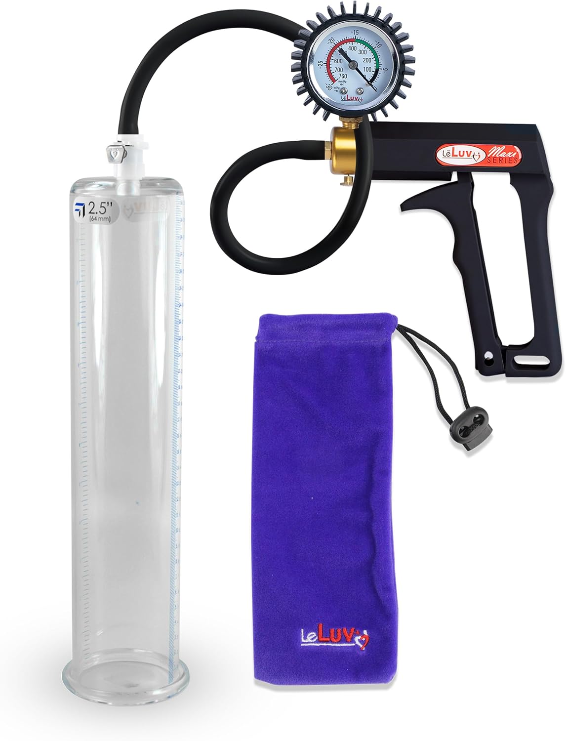 LeLuv Black Maxi Penis Pump with Rubber Protected Gauge Premium Silicone Hose Kit 12 inch Length x 2.50 inch Diameter Cylinder