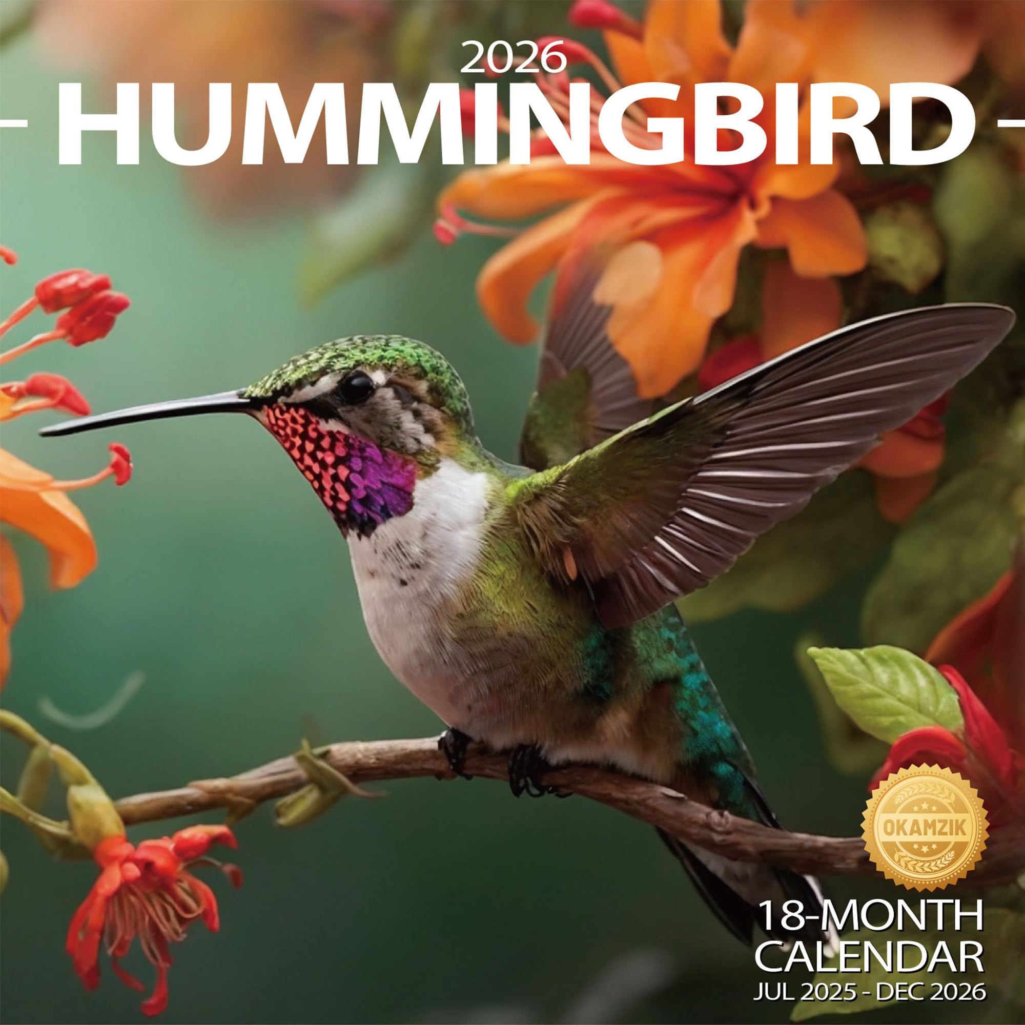 2025-2026 Wall Calendar Hummingbird Planner Calendar, Hangable Monthly Wall Calendar with Large Blocks for Organizing & Planning, Academic Schedule, Home, Office & family, Thick & Sturdy Paper (12"x24