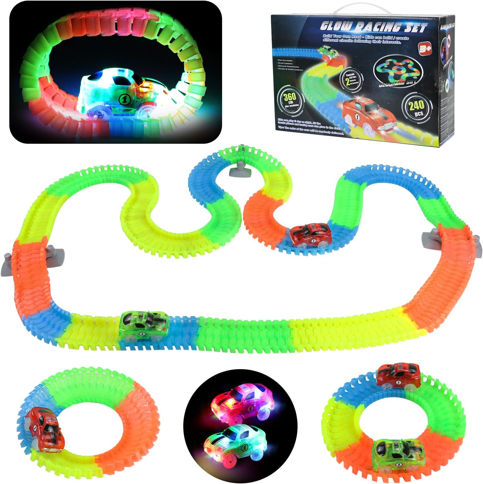 Glow Race Track, Flexible Variable Track 240 Pcs with 2 LED Cars Glowing at Night Great for Boys Girls Aged 3+