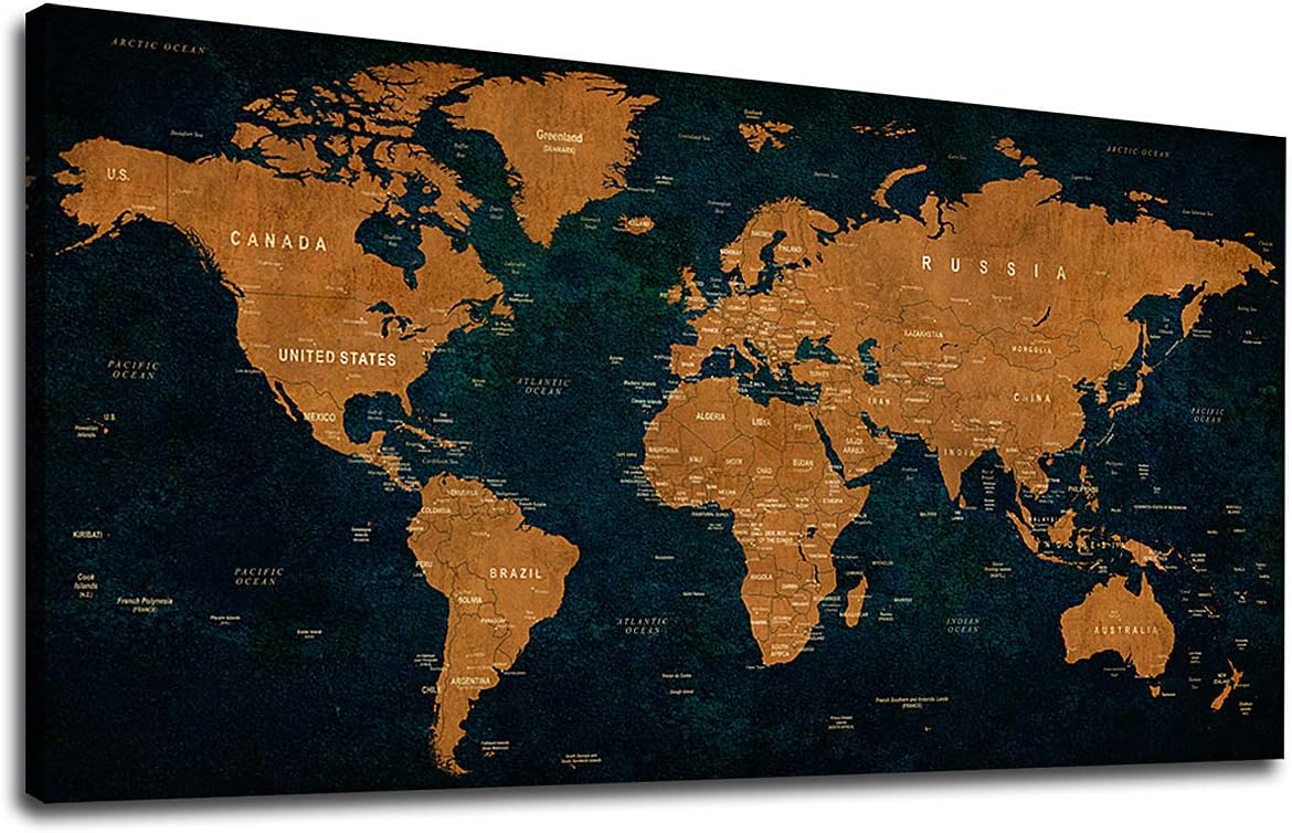 Vintage World Map Canvas Wall Art Abstract Canvas Picture Large Antiqued Blue Brown Map of The World Canvas Artwork Prints for Living Room Bedroom Office Home Wall Decor Framed Ready to Hang 20" x 40"