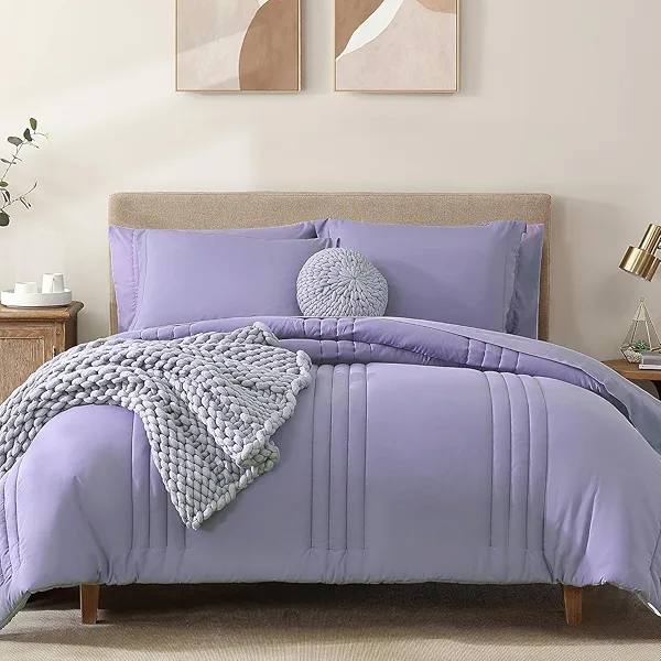 Monbix King Size Comforter Set - 7 Pieces Light Purple Bed in a Bag King Bedding Sets with Comforters, All Seasons Down Alternative Comforter Bed Set with Sheets, Pillowcases & Shams (102"x90")