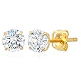 14k Gold Solitaire Round Cubic Zirconia Earrings Studs for Women & Men | Anti Tarnishing CZ Stud Earrings with 14k Gold Butterfly Pushbacks | 4MM-7.5MM by MAX + STONE