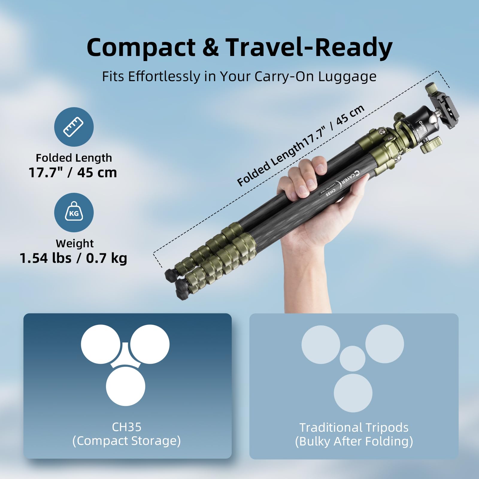 Cayer CH35 Treppiede da Viaggio con Testa Sferica, Treppiede Compatto in Fibra di Carbonio, Altezza 136 cm, Carico Max 8 kg (17.6 lbs) per Fotocamere Mirrorless, Videocamere, Smartphone e Webcam