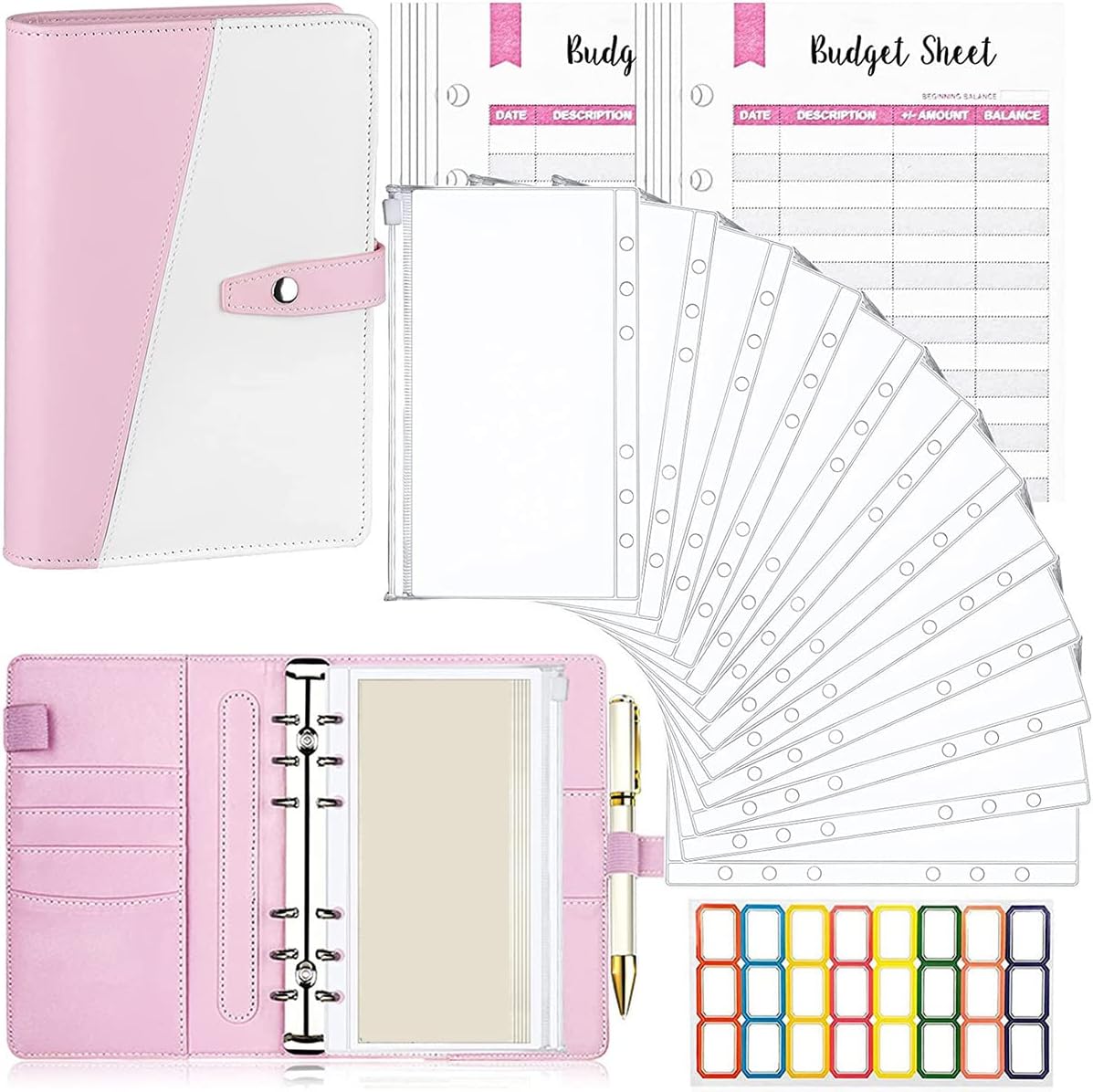 Jamie Multifunctional A6 Budget Binder with 12 Clear Zip Pockets and 12 Budget Sheets PU Cash Envelopes Portable Envelopes Organizer for Budgeting and Money Saving(Pink)