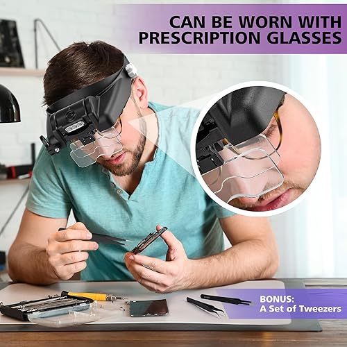 Miniatura 5 de COYLAPY Auricular con lupa, lupa con luz para trabajo cercano, 1 a 14 veces recargable para la cabeza, lupa de visera con 5 lentes, pinzas para