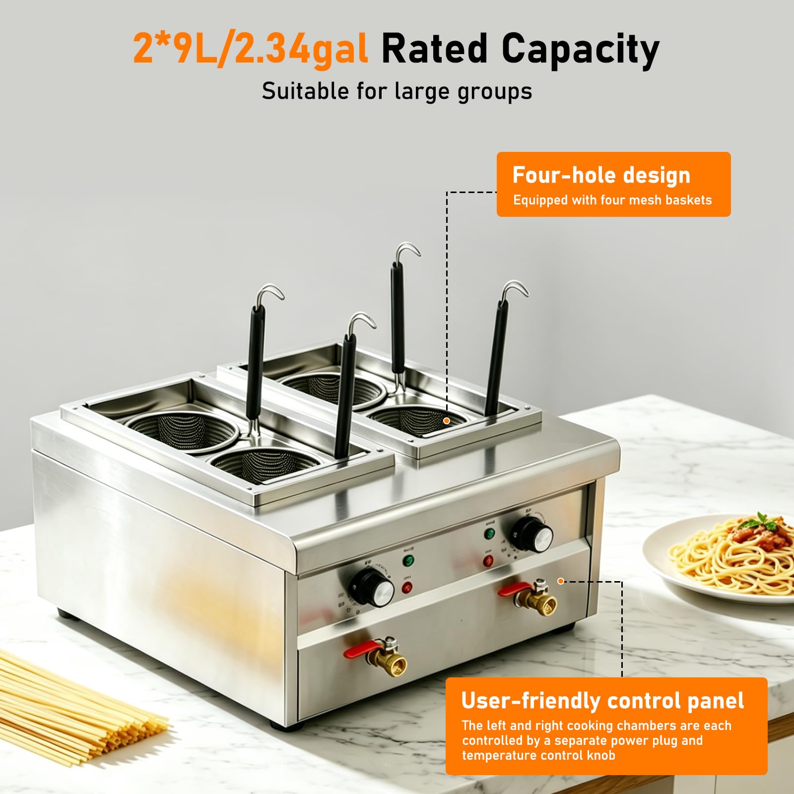 Cuocipasta elettrico a 4 cestini, 2 x 2000 W, in acciaio inox, 2 cuocipasta da 9 l, intervallo di temperatura 30-110 °C, pentola per pasta con 4 cestini per pasta e 2 coperchi, per cucine, ristoranti