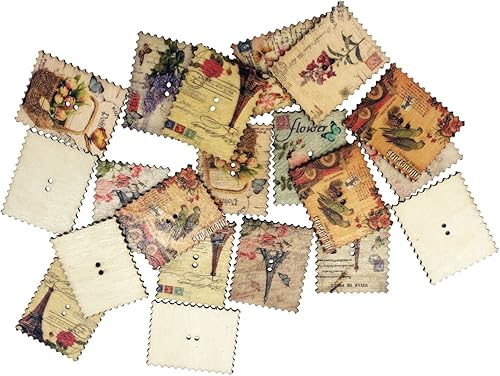 Miniatura 2 de Botones de madera, sellos retro, patrón de flores, botón novedoso mixto de moda, redondo, 2 agujeros para coser manualidades, 0.984-1.378 in,