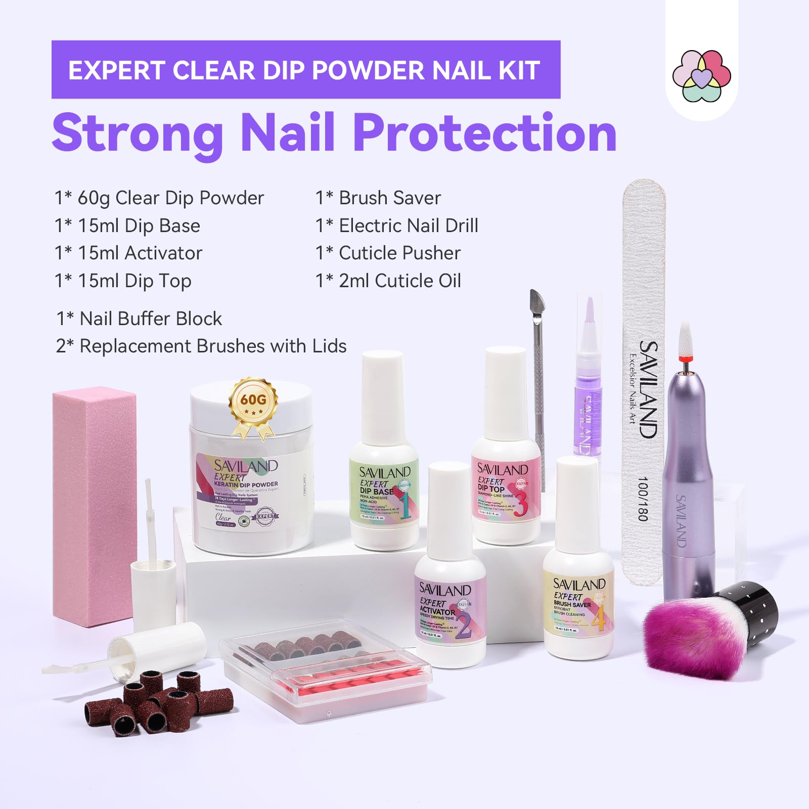 SAVILAND Complete Dip Powder Kit: 60g Clear Dipping Powder with Base Coat, Top Coat, Activator Enriched with Castor Oil - Image 2