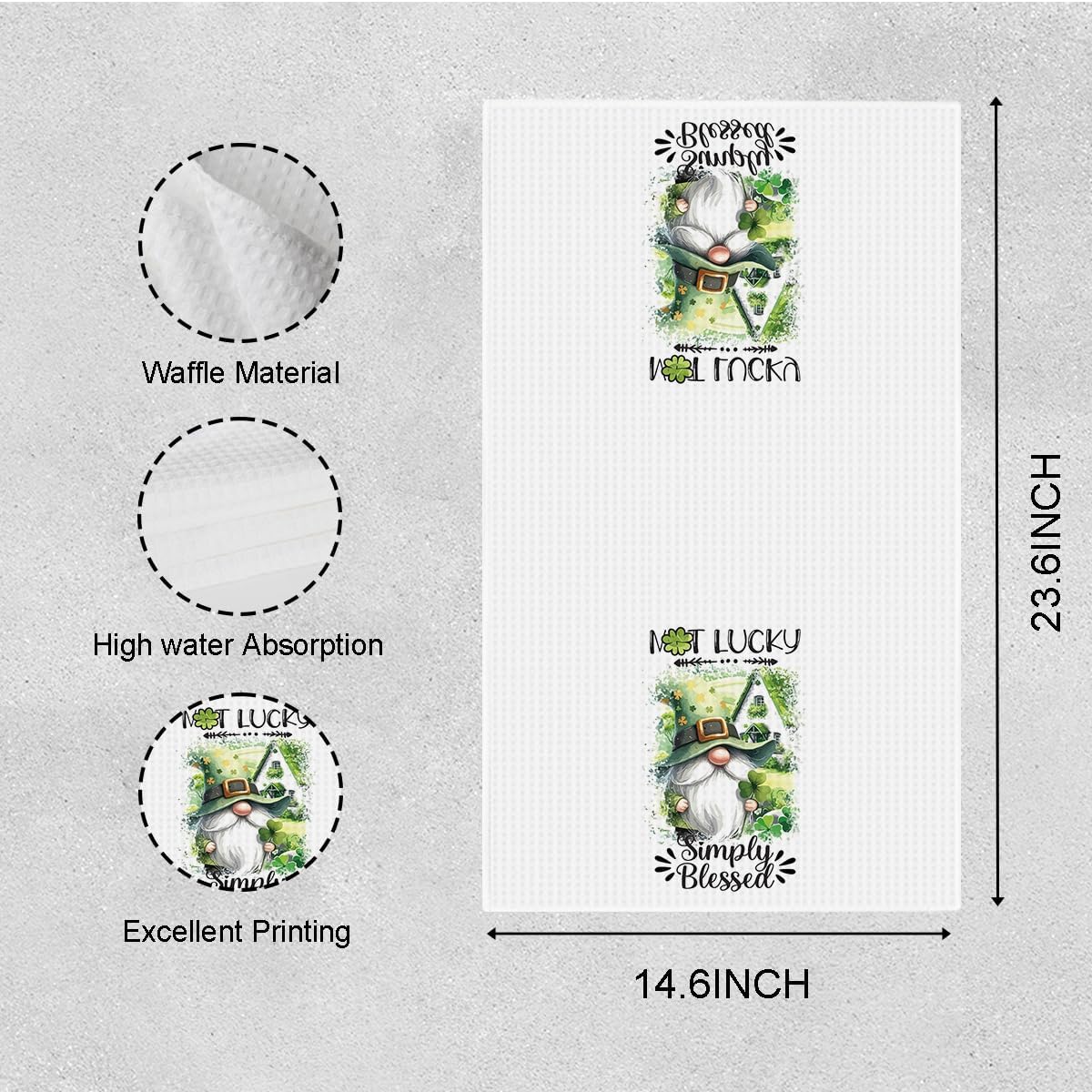 2Pcs St Patricks Day Gnome Kitchen Towels Green Shamrock Irish Blessed St Patricks Day Seasonal Waffle Weave Hand Tea Dish Towels Spring Decorations for Farmhouse Home Kitchen Bathroom 14 x 23 Inches - Image 2