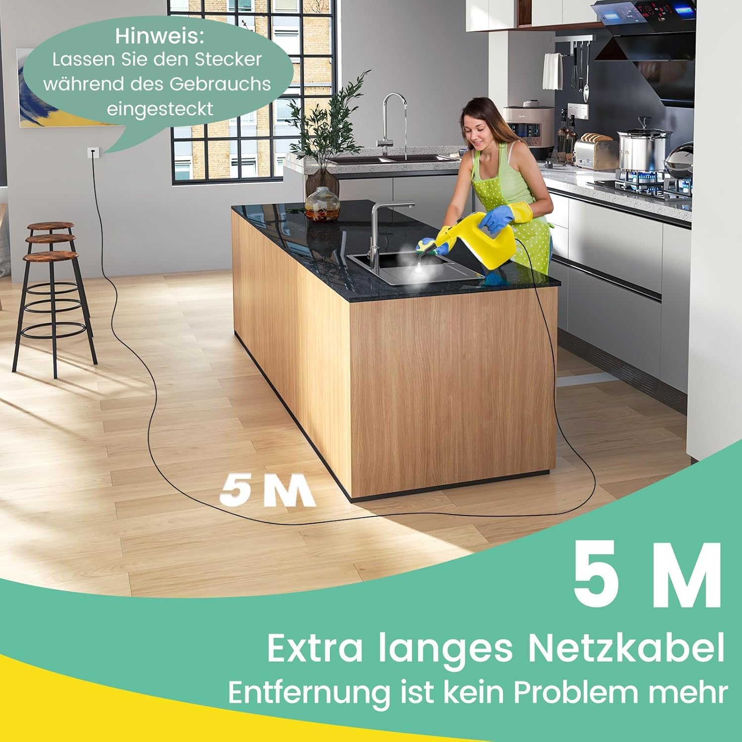 FANTASK 1500 W myjka parowa do 125℃ w kolorze żółtym, ze zbiornikiem 400 ml, czas nagrzewania: 1 min, urządzenie parowe z 14 akcesoriami i kablem sieciowym 5 m