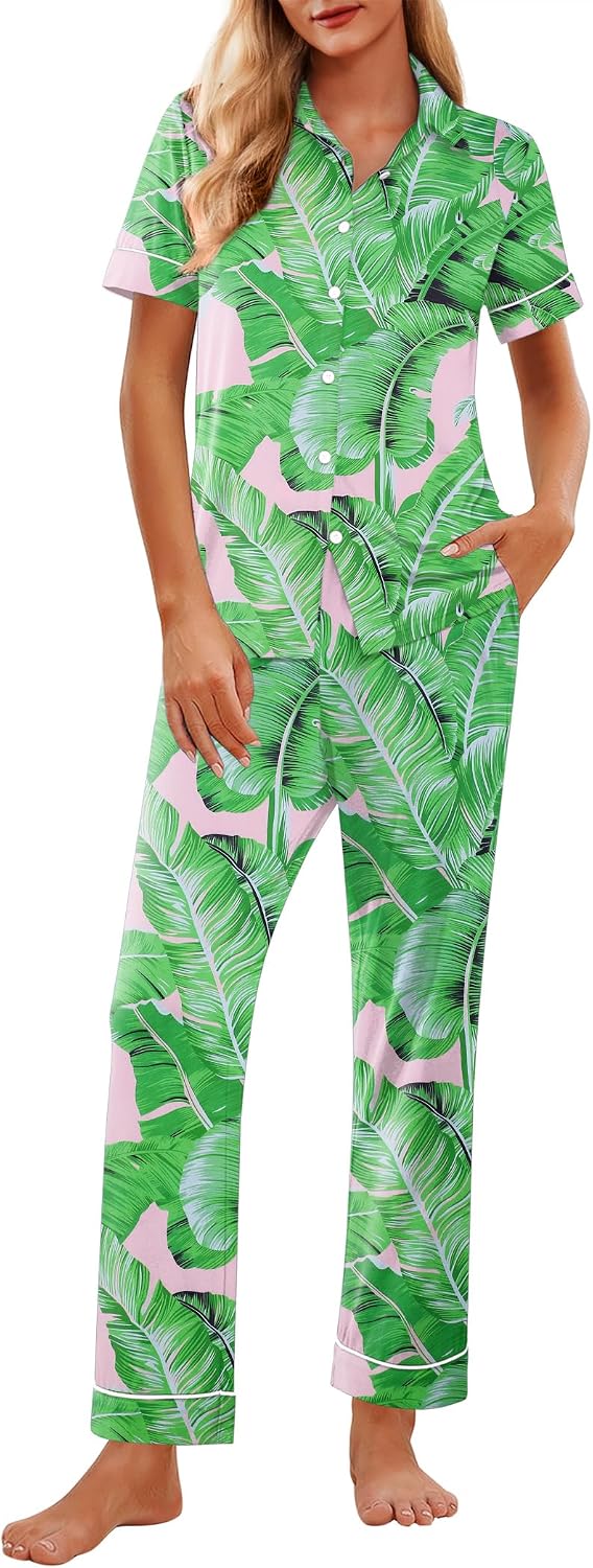 Ekouaer Womens Pajama Sets 2 Piece Button Down Short Sleeve Pjs Set Soft Lounge Set with Long Pants S-XXL
