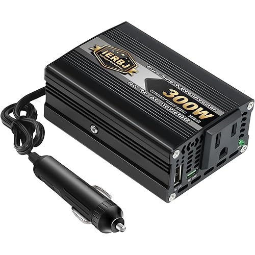 IERBJ 200W Power Inverter, DC 12V to AC 110V, 300W Peak Power, Car Plug Adapter Outlet Converter with USB Charging Ports,Type-C Ports,with Cigarette Lighter Socket for Laptop (Black)