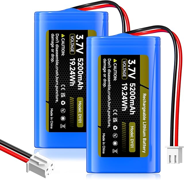2 Pack 3.7V 18650 Lithium ion Rechargeable Battery, 5200mAh Lithium ion Battery Pack with JST XH2.54 2P Plug Connector for DIY Electronics, Solar Lighting, Drone, Bluetooth Speaker, Electronic Devices