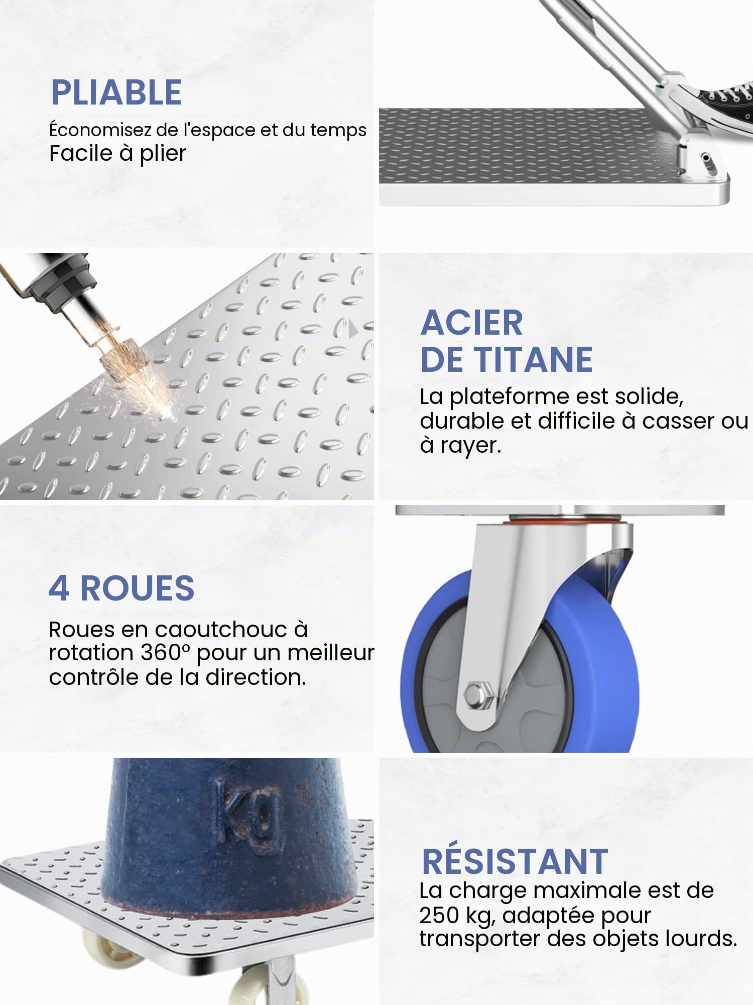 Chariot à Plateforme avec Roues. Brouette Pliante de 250 kg de Charge. Chariot à Plate-Forme Manuelle, Transport Anti-Collision pour Les déménagements, entrepôt. Acier au Titane.