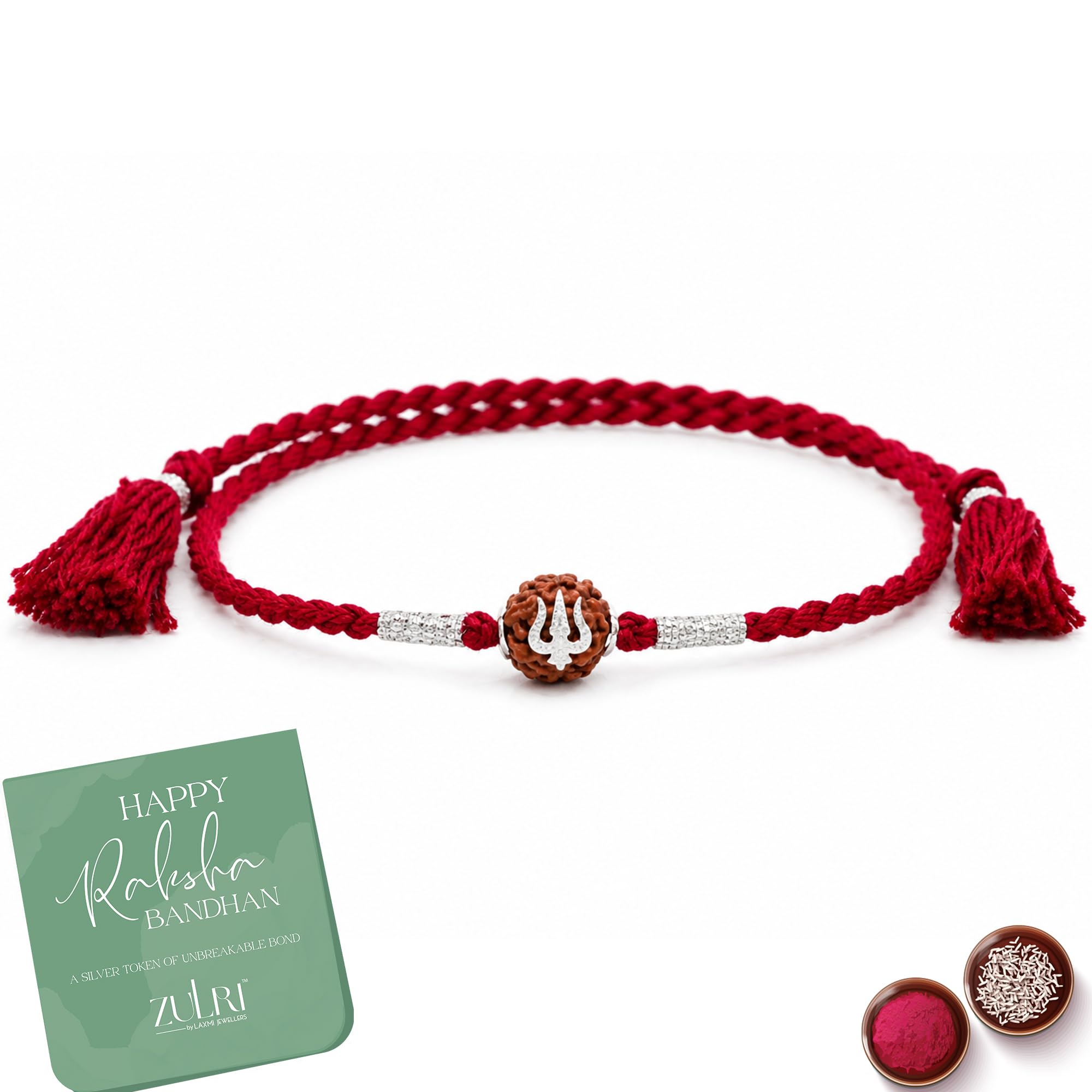 92.5 Pure Silver Panchmukhi Rudraksha with Red Thread Rakhi For Rakshabandhan | Rakhi With Fragrance Greeting Card & Roli Chawal and Silver Certificate of Authenticity