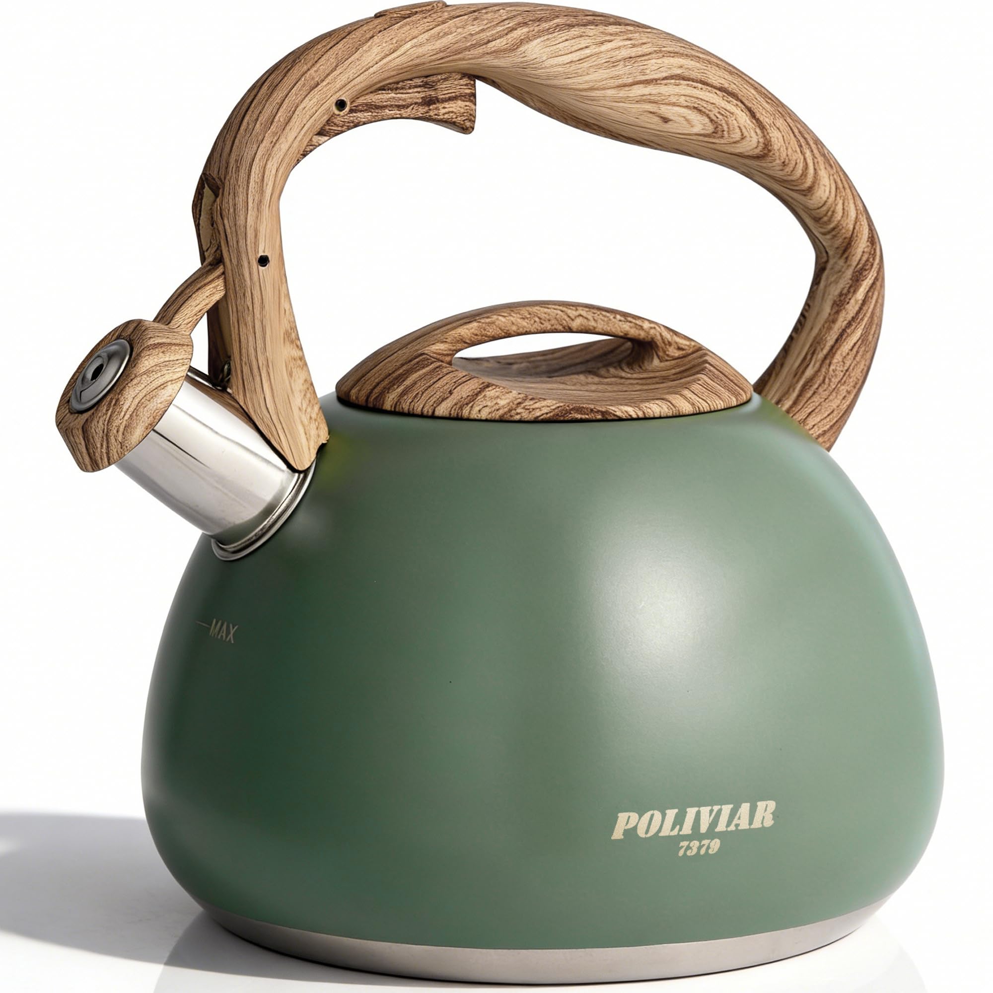 Poliviar Wasserkessel Induktion, Edelstahl Pfeifkessel, Teekessel für alle Kochplatten, Flötenkessel mit Holzmasergriff, Wasserkocher für Tee & Kaffee, max. 2.7L, Wildes grün