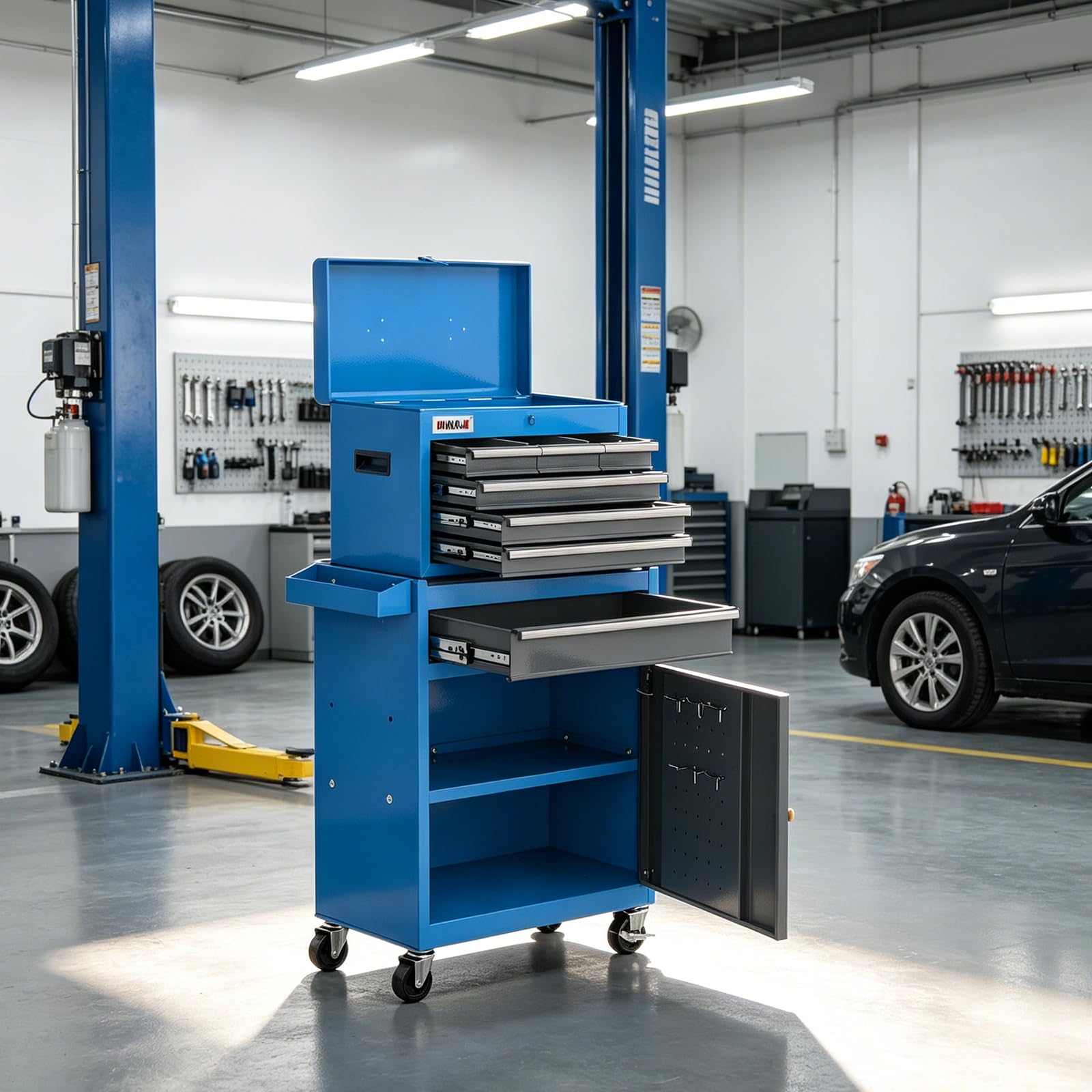 AIRAJ Carrello Da Officina con 7 Cassetti,2 IN 1 Carrello da Officina con Ganci,2 Ruote Per Freni,Grande Capacità Adatta a Garage,Officine di Riparazione.