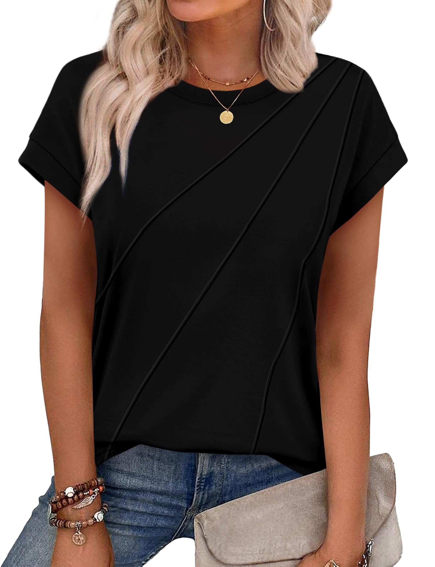 WEESO Womens Tops Summer Cap Sleeve Pleated Crewneck T Shirts Loose Fit Dressy Casual Basic Tees Trendy Outfits