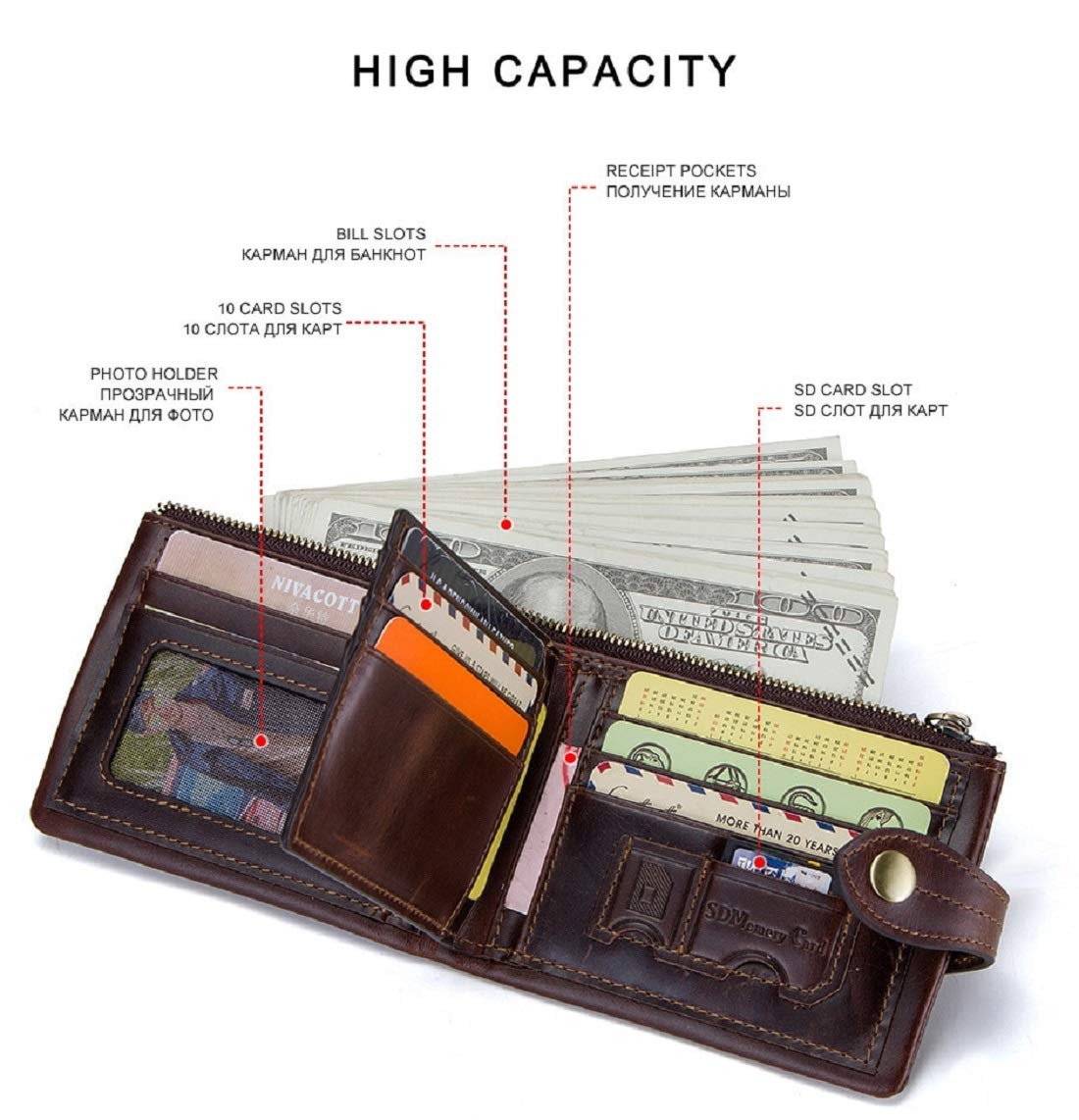Contacts Men's Genuine Leather Wallet | RFID Blocking | Bifold with Button Closure | 13 Card Slots Including 1 ID Window, 1 Zip Closure Currency Compartment (Hori Brown) 4