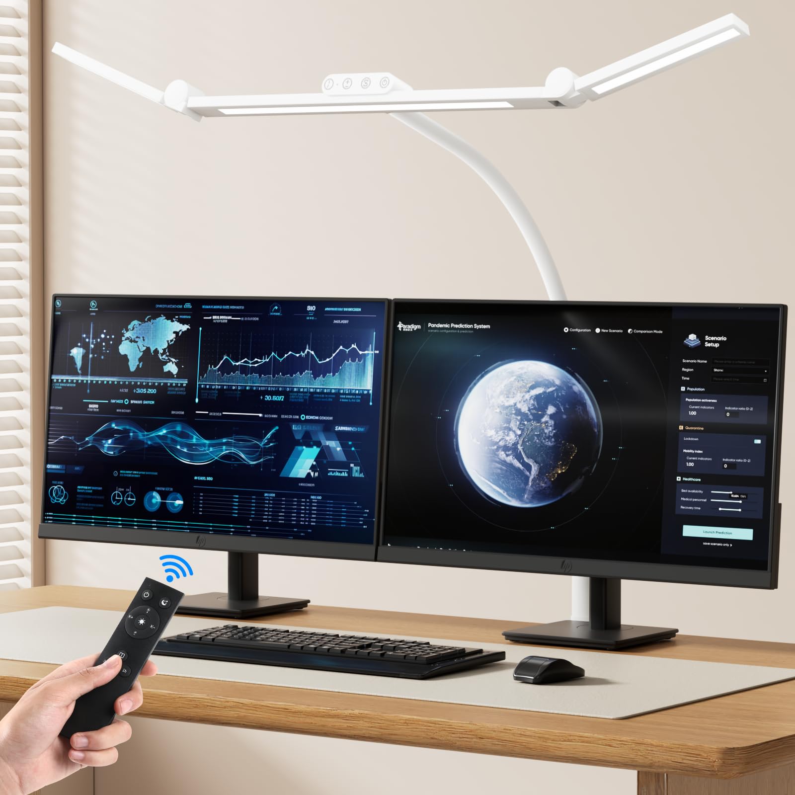 TYEE Schreibtischlampe LED Dimmbar, 24W 3-Lichtbalken LED Schreibtischlampe für Homeoffice, 1500LM Augenschutz Tageslichtlampe mit Fernbedienungen, 5 Farb 5 Helligkeit Büro Tischlampe (Weiß)