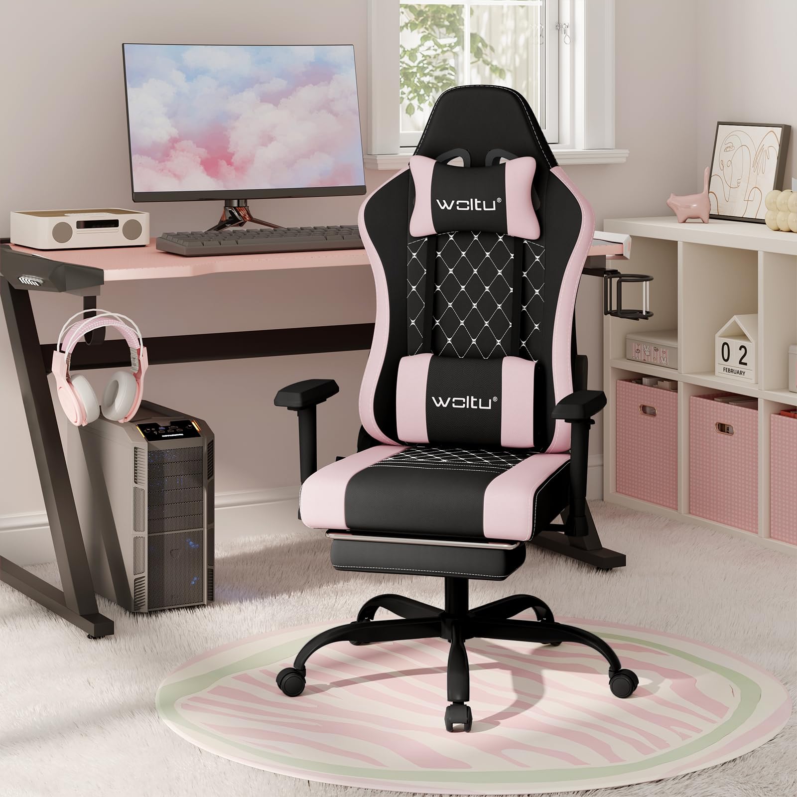 WOLTU Chaise Gaming, Chaise Bureau Massante, Fauteuil Ergonomique avec Coussin Lombaire Massant, Siège Large à Ressorts, Appui-tête, Repose-Pieds, Tissu Maille, Charge 150kg, Noir+Rose