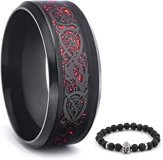 Viking Celtic Dragon Jormungand Stainless Steel Wedding Band Ring Red Blue Silver Gold Colours Great Protection for Men Women