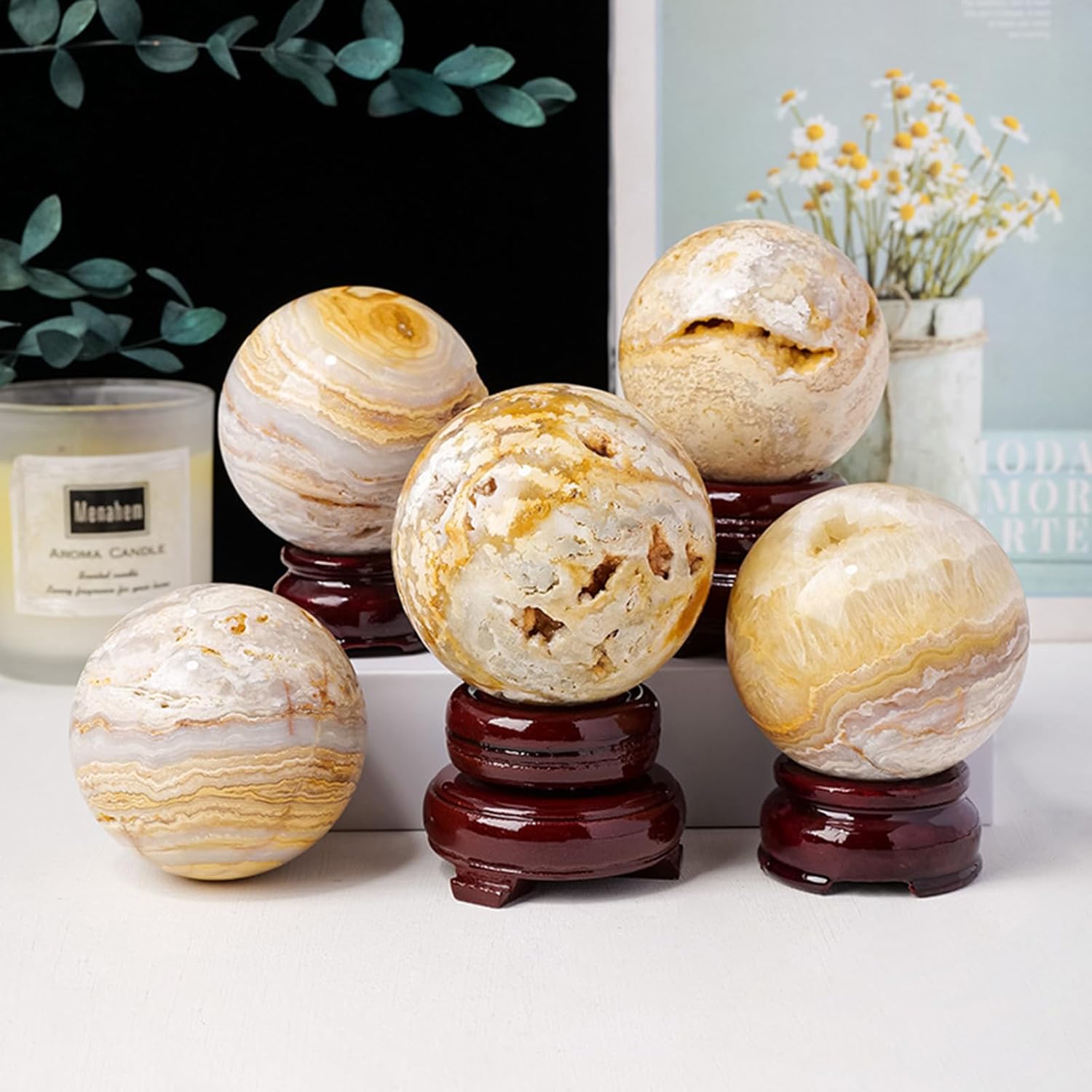 Agate Crystal Ball for Home Decor, Quartz Stones Sphere with Stand,Round Crystals for,Office Decoration Balls,45~50mm