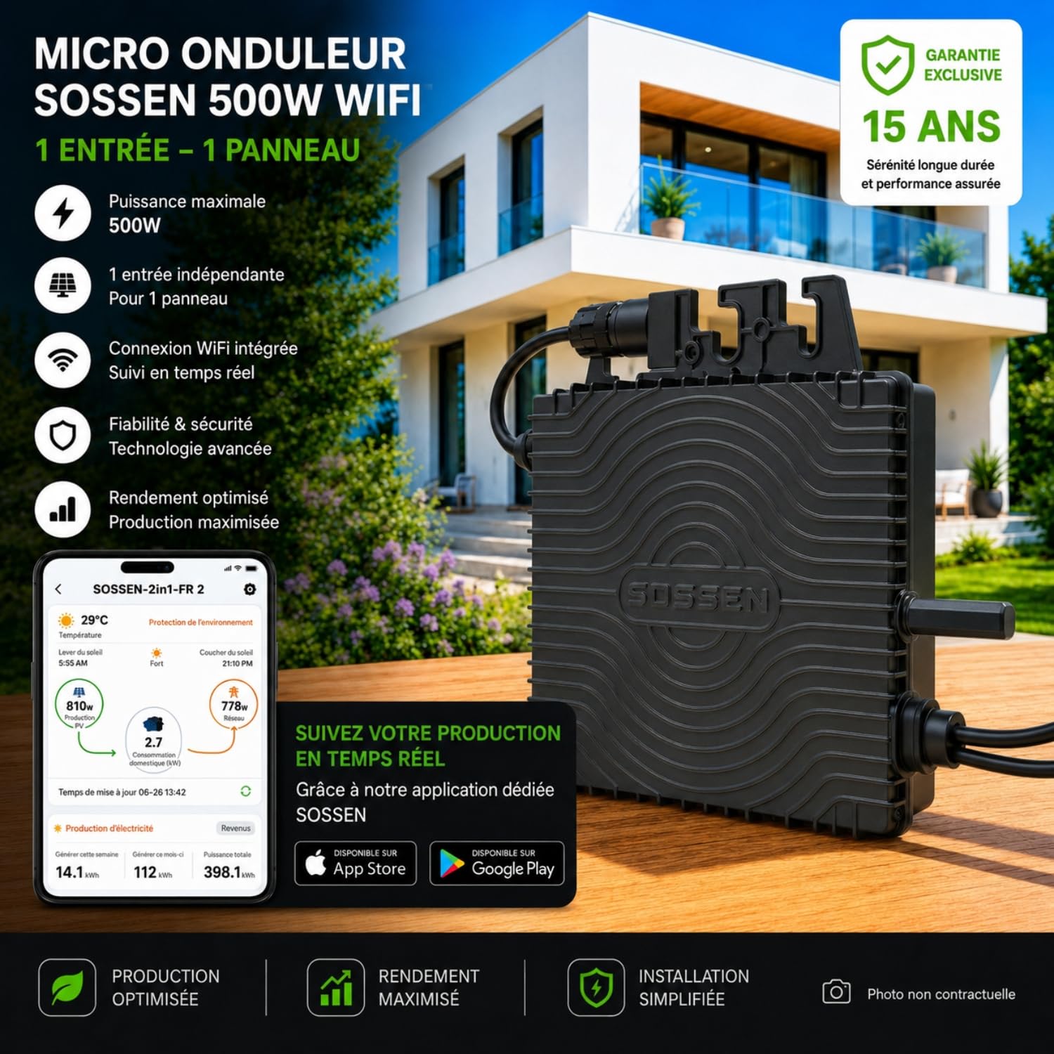 Micro-onduleur SOSSEN 500W – WiFi & Bluetooth – pour 1 Panneau Solaire + Câble AC Plug&Play 5m + 2 Rallonges Staubli MC4 1m