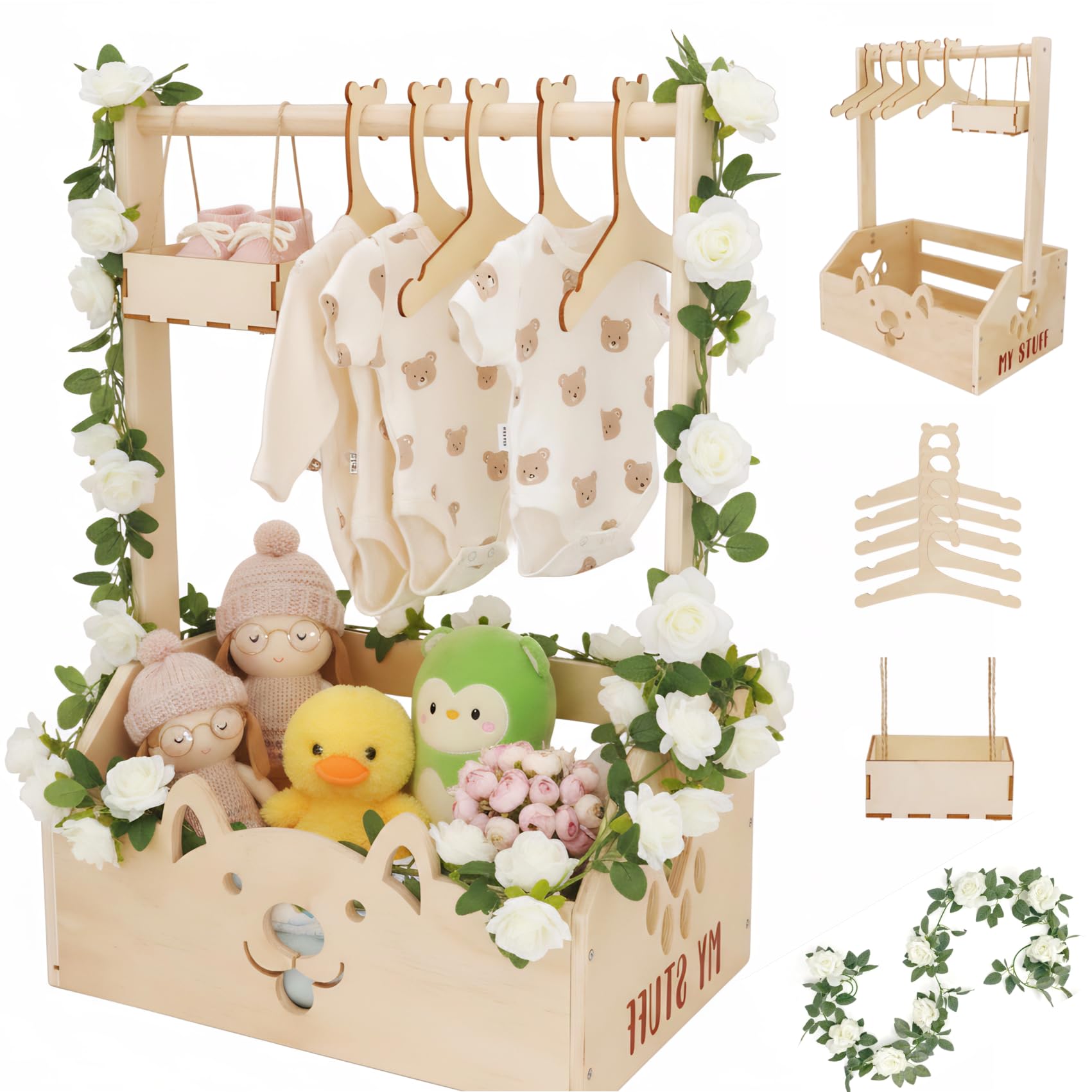 Panier cadeau en bois, baby shower en bois avec poignée, cintres pour enfants, guirlande et petit tiroir pour nouveau-né baby shower nouveaux parents (boîte en bois de roses blanches)