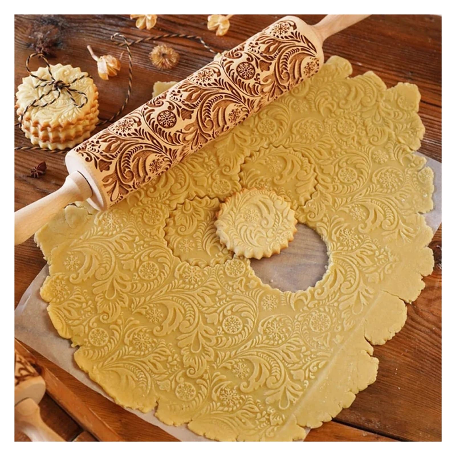 Rodillo de Madera con Grabado Profundo for Hornear Galletas, diseño Retro de Flores, 35 x 4,5 cm, Molde 3D Grabado. Rodillo para Masa Madera(Color 1)