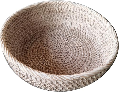 Cesta redonda de ratán blanca lavada, canasta decorativa de mimbre hecha a mano con pared profunda, cesta decorativa tejida para pan blanco,