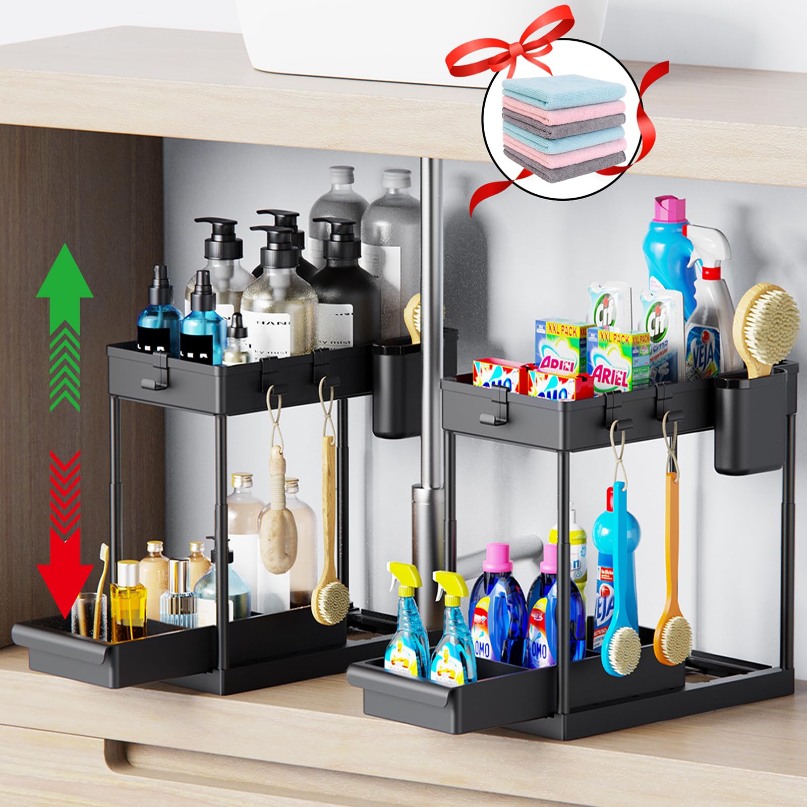 ESSBLINHeight Adjustable Under Sink Organizer, 2 Pack Under Sink Organizers and Storage for Kitchen, Bathroom, Cabinet with Sliding Drawer, Hooks, Hanging Cup,2 Tier Under Sink Storage Black