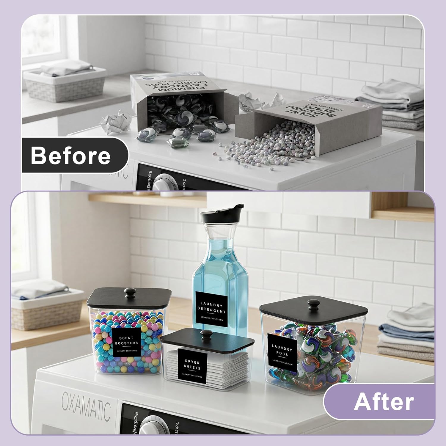 POLRAI Laundry Pod Containers and Dryer Sheet Holder and Laundry Detergent Dispenser Clear Laundry Room Organization and Storage with Wooden Lids Labels and spoon （2+1+1 Pack）