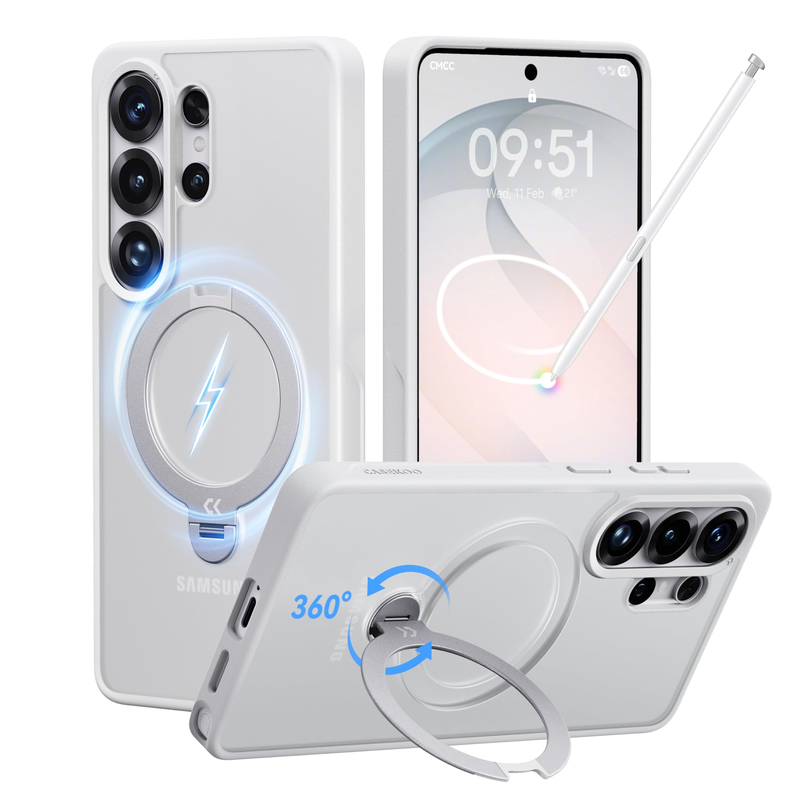 CASEKOO Offizielles Weiß für Samsung Galaxy S26 Ultra Hülle mit 360° Drehbarer Magnet Ständer [Militärschutz] [Kompatibel mit MagSafe] Stoßfest Schutzhülle Matt Handyhülle Samsung S26 Ultra 6,9 Zoll