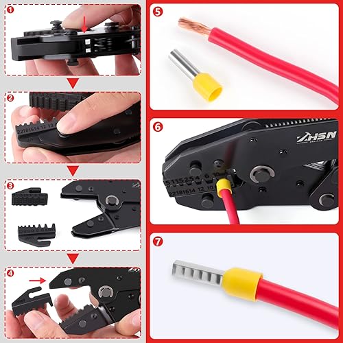 Miniatura 6 de Zhushan Juego de herramientas de prensado de alambre de 8 piezas, kit de crimpadora de trinquete con troqueles intercambiables para conectores