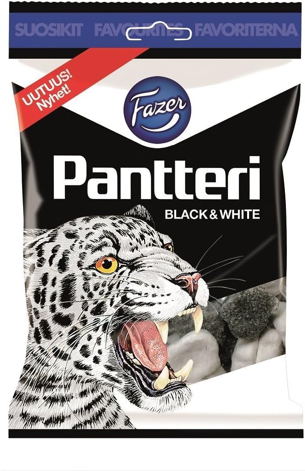 Fazer Pantteri Black & White - Original - Finnish - Fruit - Menthol - Licorice - Salmiak -Wine Gums - Candies - Sweets - Bag 180g