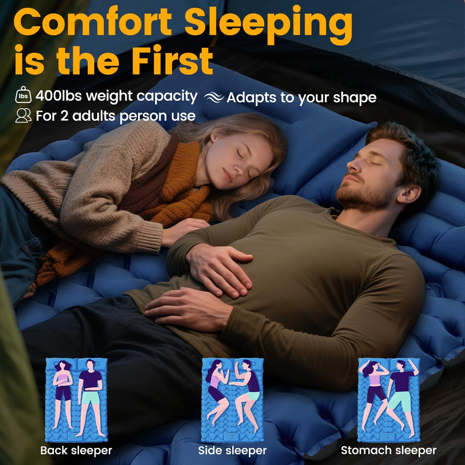 Double Sleeping Pad for Camping, 4in Extra-Thick with Built-in Foot Pump & Pillow, Compact 2 Person Ultralight Camp Air Mattress for Backpacking, Hiking, Tent, Car, Travel, Gift