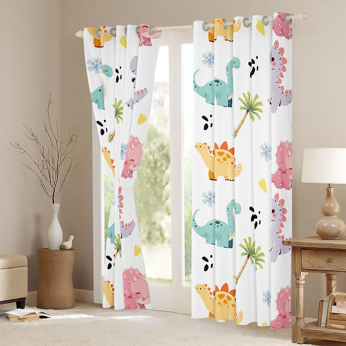 Homewish Zasłony okienne z motywem dinozaura z motywem kreskówkowym, 168 x 229 cm, 2 panele - kawaii, dinozaury, zwierzęta, zasłony zaciemniające, dżungla, zwierzę, zasłony okienne, nadruk palmy