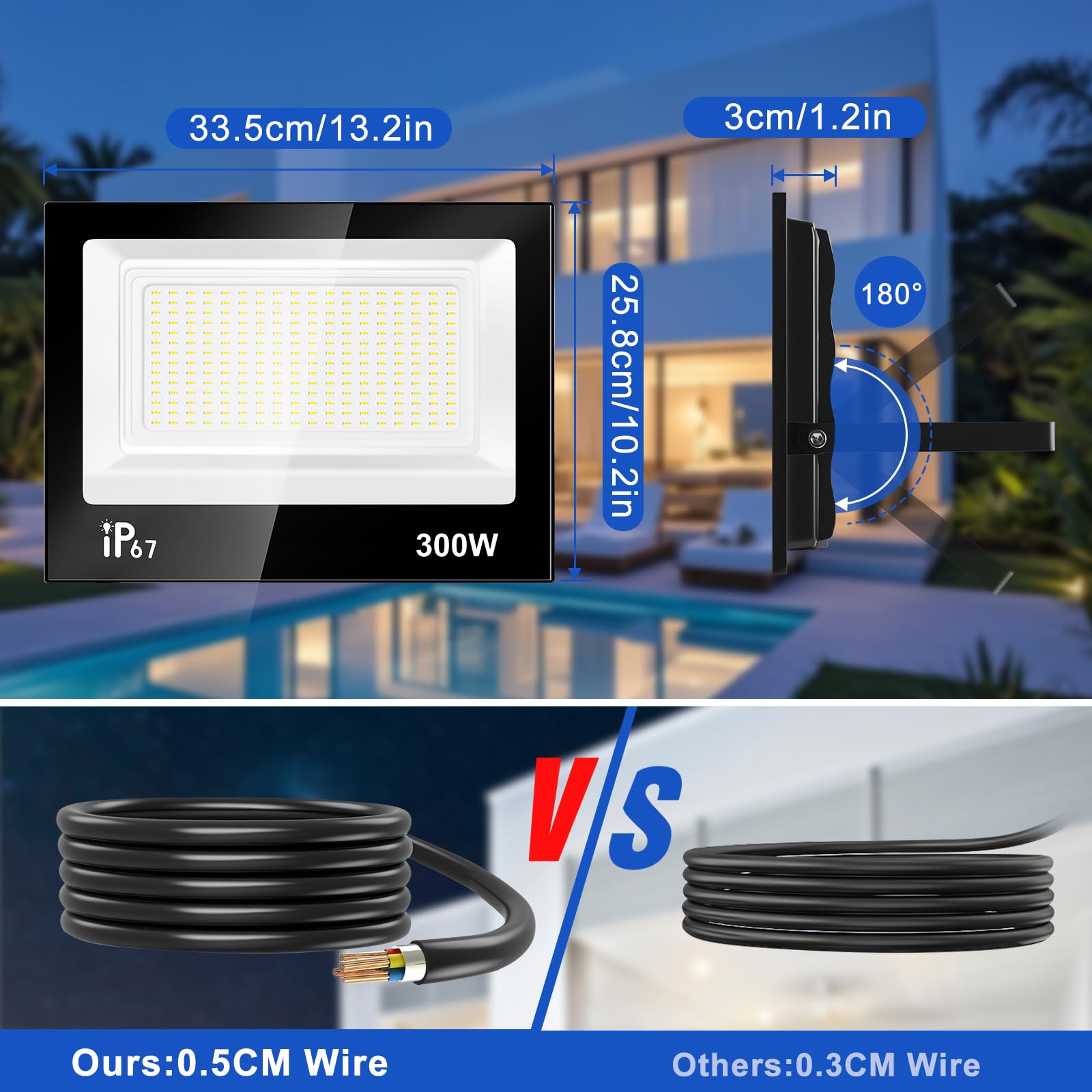 300W Led Strahler Außen,30000LM LED Scheinwerfer,7000K Kaltweiß LED Strahler,IP67 Wasserdichte Superhell LED Fluter Flutlicht,Aussenstrahler für Garten,Garage,Hof