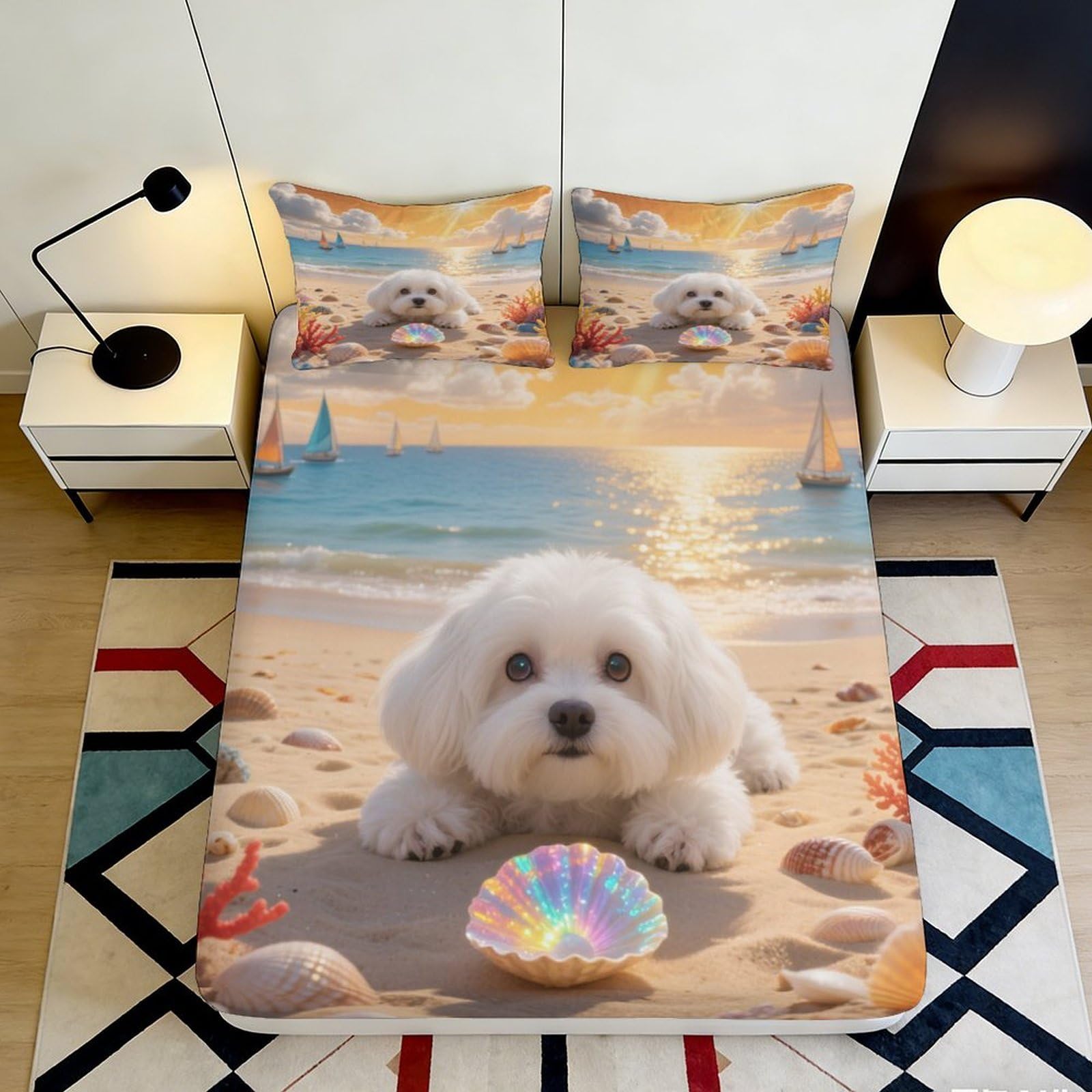 3D Printed Beach Dog Fitted Sheet Microfiber Soft Sunset Shell Mattress Cover for Bedroom Guest Room Easy Care 90x200x25cm