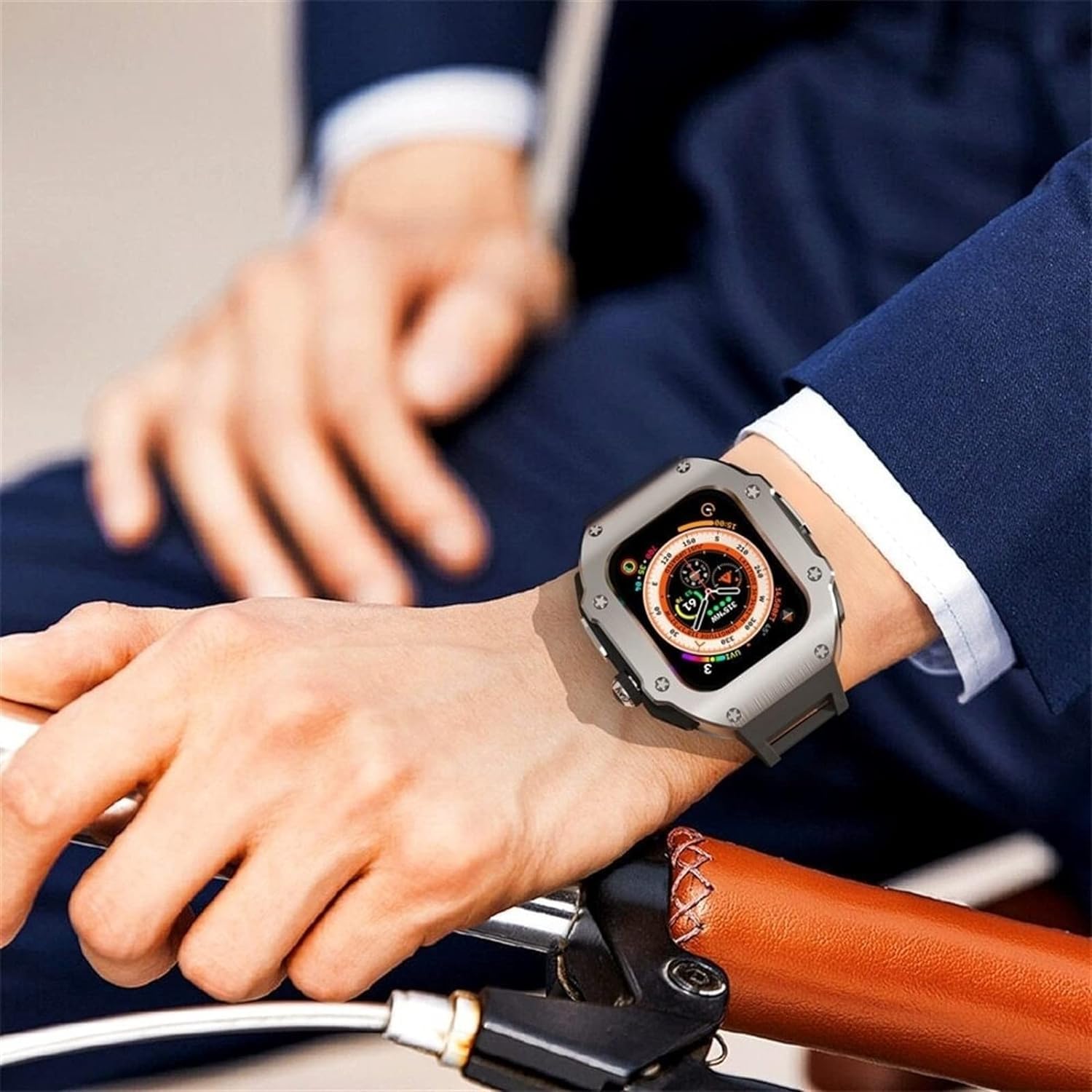 BUDAY Stainless Steel Watch Case Fluororubber Band Mod Kit?For Apple Watch Series Ultra 2 49mm Replacement?Shockproof Metal Frame Bezel Watch Case Straps Clasp Accessories(L)