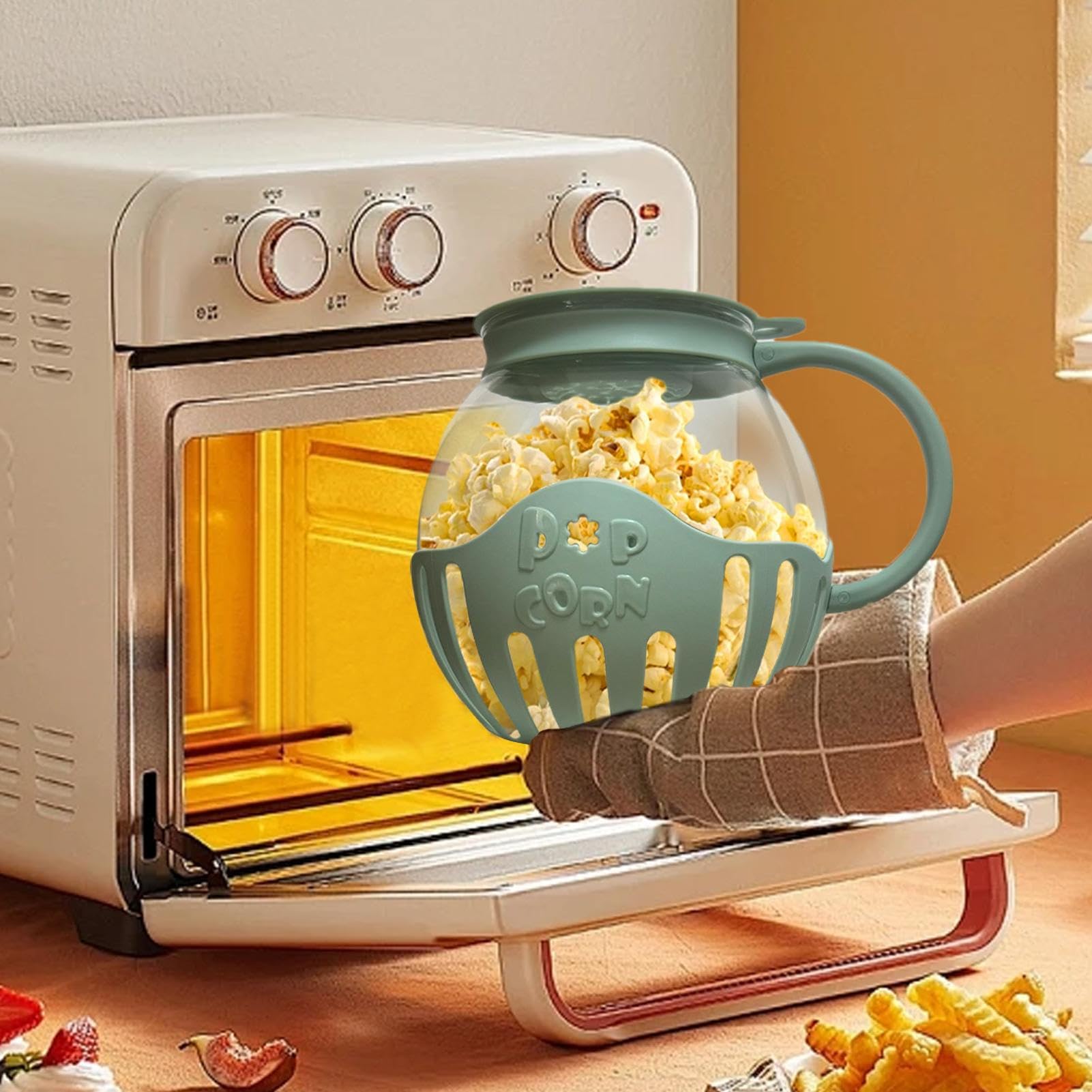 Macchina per popcorn, da 2,25 litri con coperchio, per popcorn a microonde, in borosilicato resistente alla temperatura, lavabile in lavastoviglie